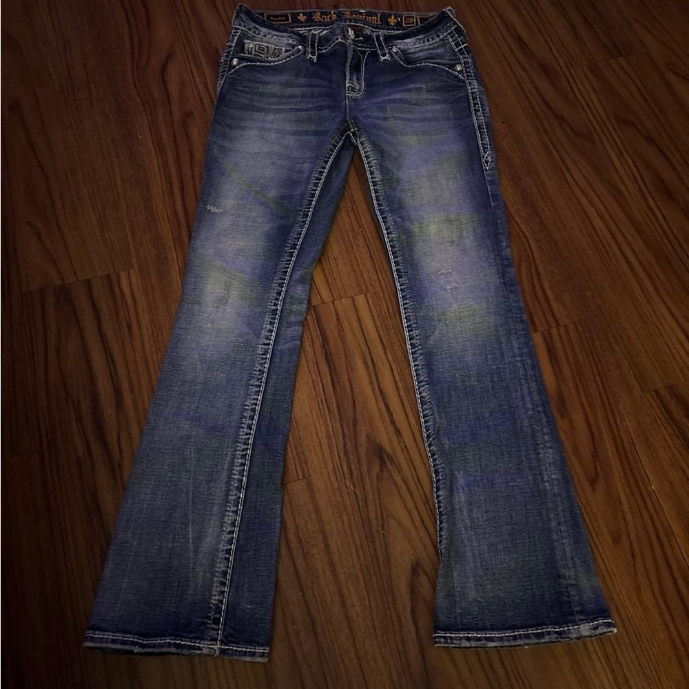 Rock Revival Distressed Blue Jeans with Embroidered Pockets - Picture 3 of 4
